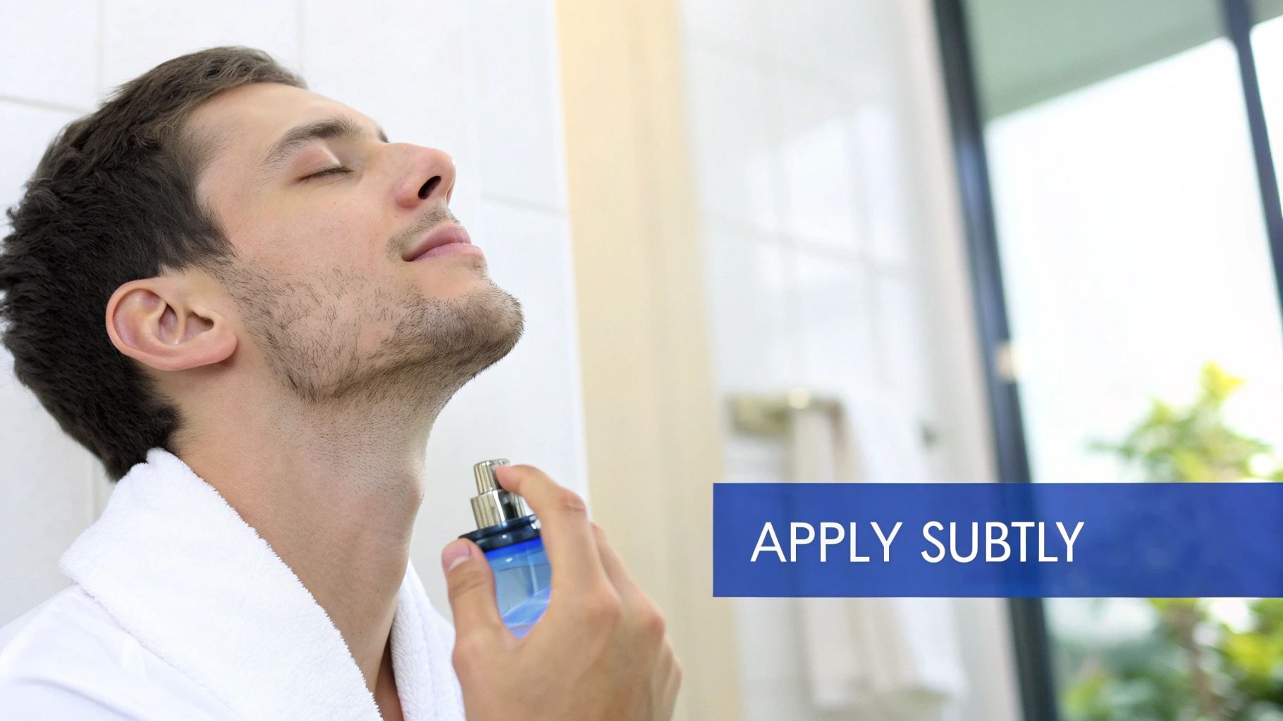 A man in a white robe applies cologne to his neck with his eyes closed, showing enjoyment.