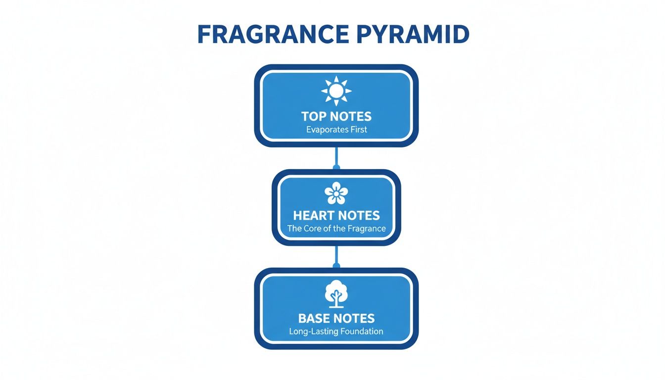 A fragrance pyramid illustrating the layers of top, heart, and base notes with descriptions.