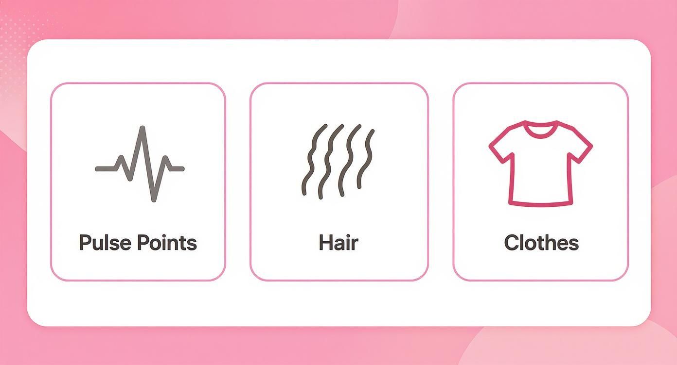 Three icons showing pulse points, hair, and clothes as areas to apply perfume for longer lasting fragrance