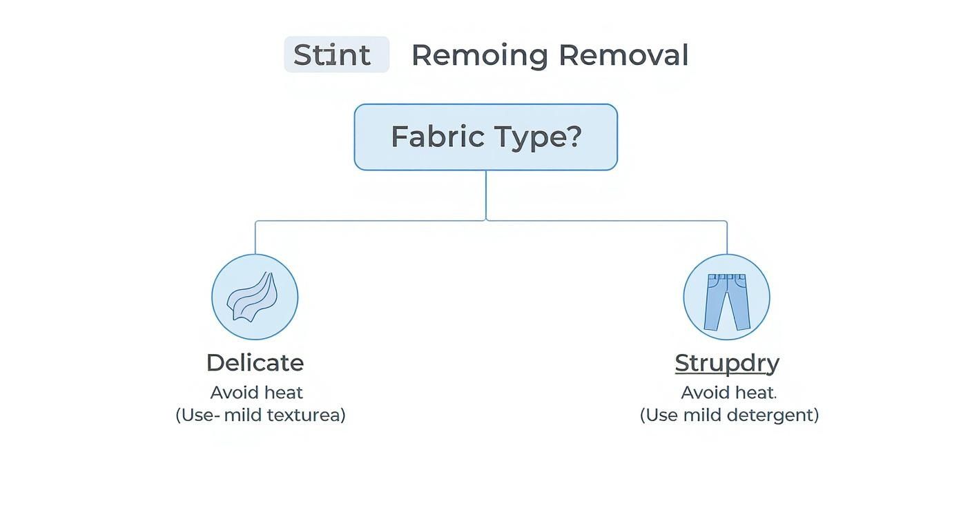 A flowchart titled 'Stain Removal' asks 'Fabric Type?' and branches to 'Delicate' and 'Sturdy' fabric care instructions.