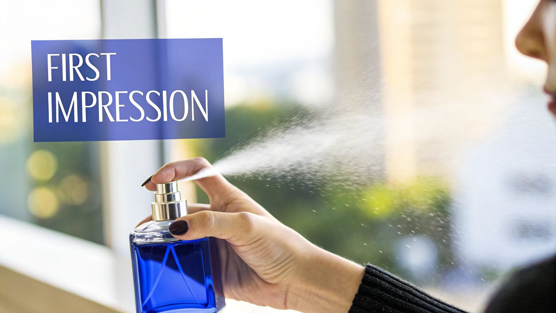 A person sprays a blue perfume bottle, creating a mist, with 'FIRST IMPRESSION' text.