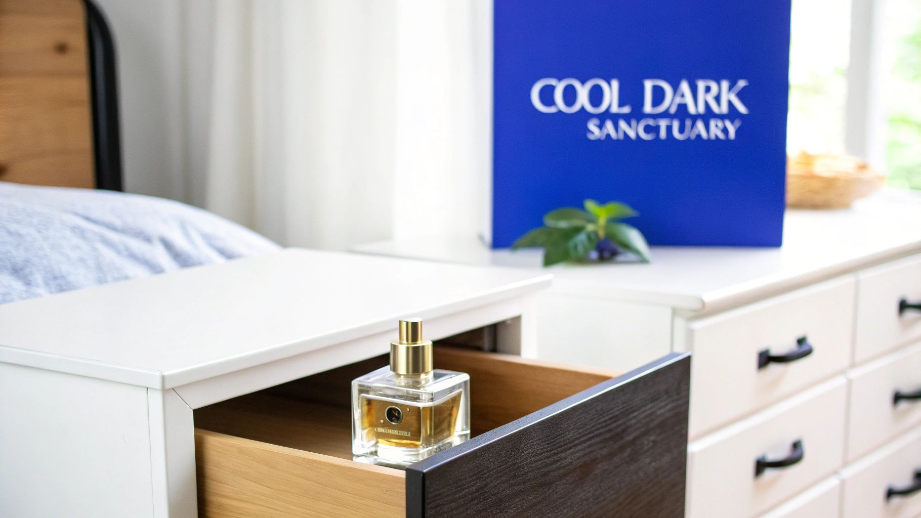A glass perfume bottle with a gold cap rests in an open wooden drawer of a white nightstand.