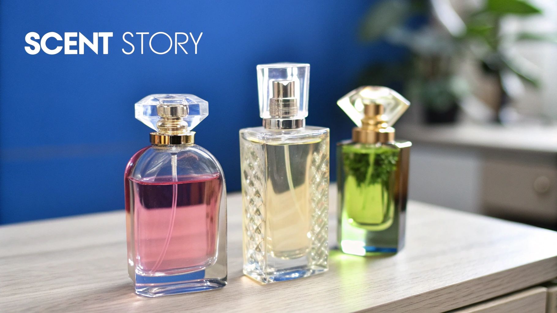 Three elegant perfume bottles with pink, yellow, and green liquids on a wooden surface.