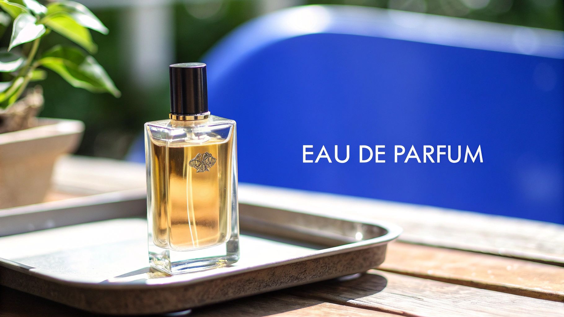 A clear glass bottle of amber Eau de Parfum with a black cap on a metal tray and 'EAU DE PARFUM' text.