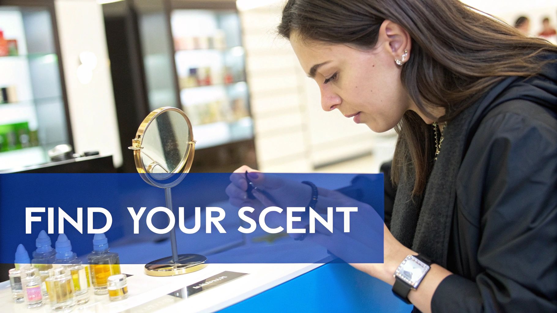 A woman samples perfumes at a fragrance counter, surrounded by small bottles and a mirror, finding her perfect scent.