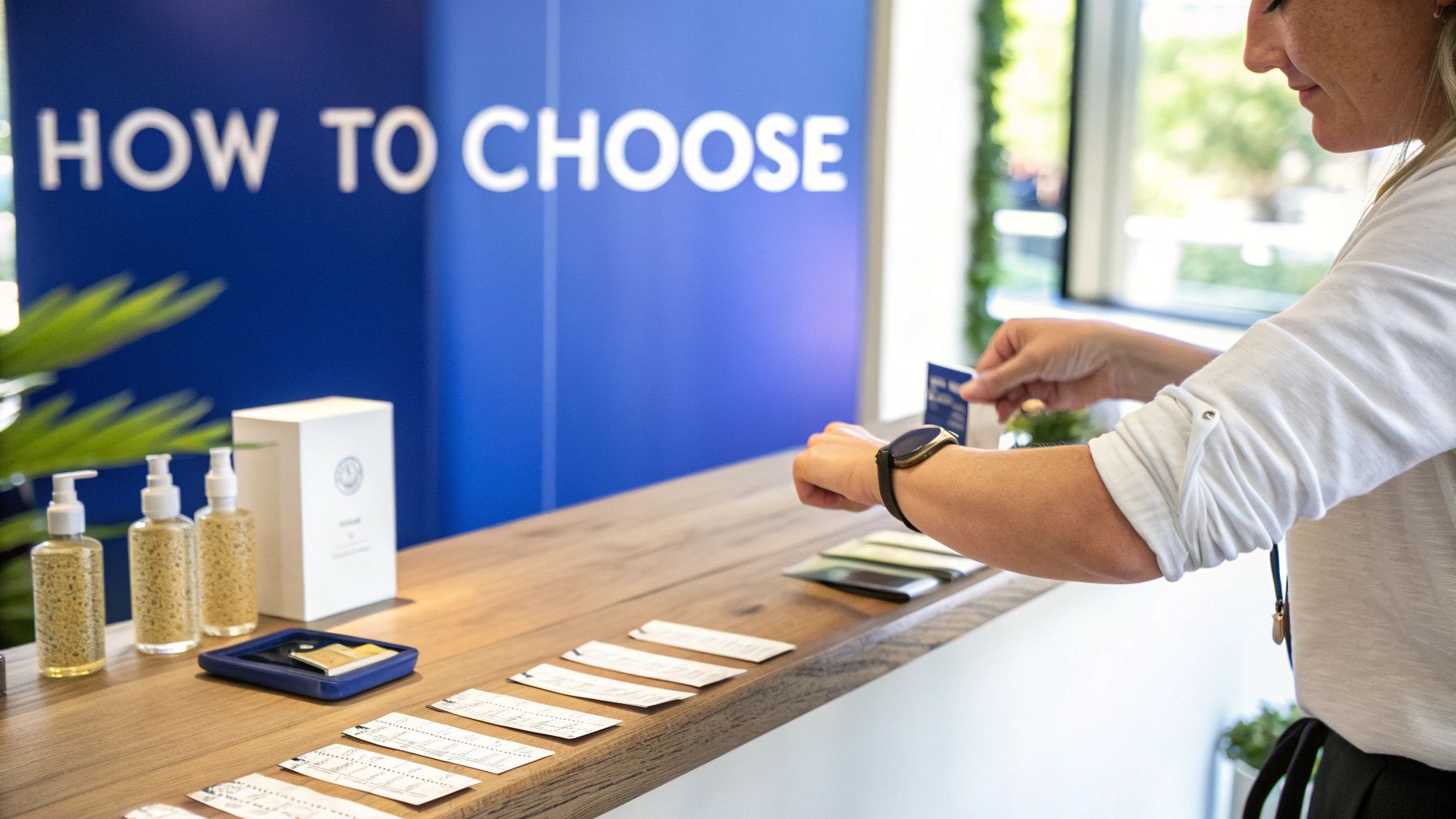 A customer interacts with product samples and information cards at a 'How To Choose' display counter.