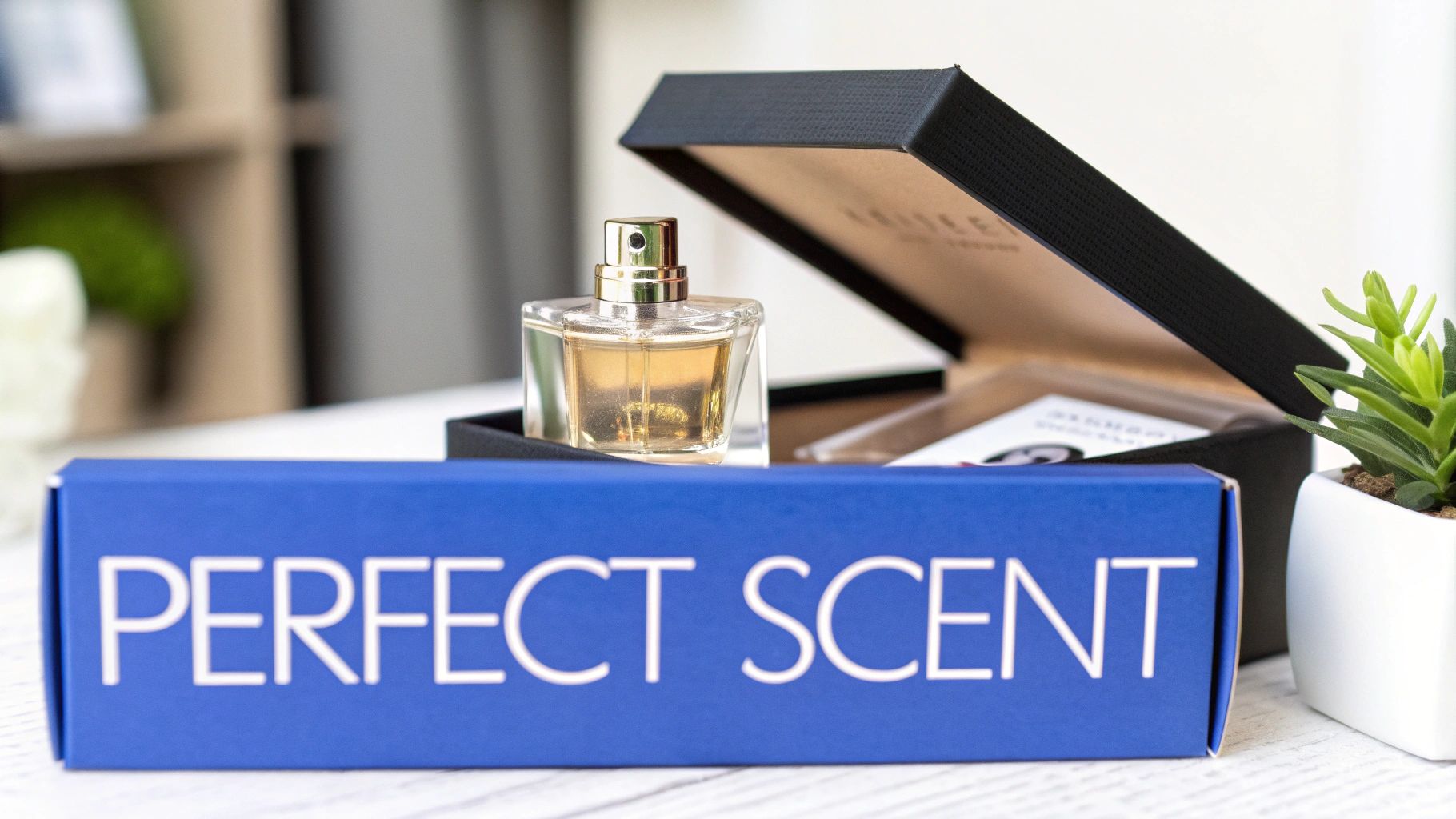 A perfume bottle in a black gift box, with a blue box labeled 'Perfect Scent' in the foreground.
