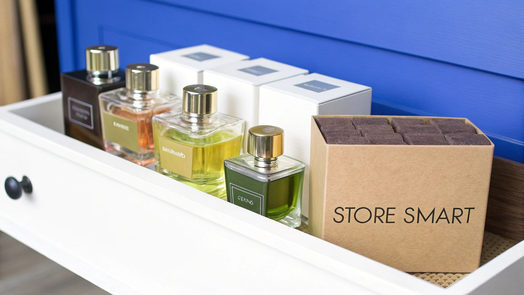 Perfume bottles and a 'Store Smart' box neatly organized in a white drawer.
