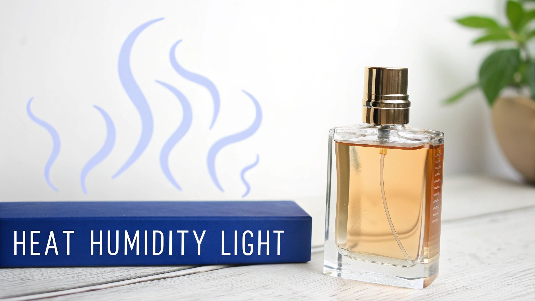 A perfume bottle and a blue box warning against heat, humidity, and light for proper storage.