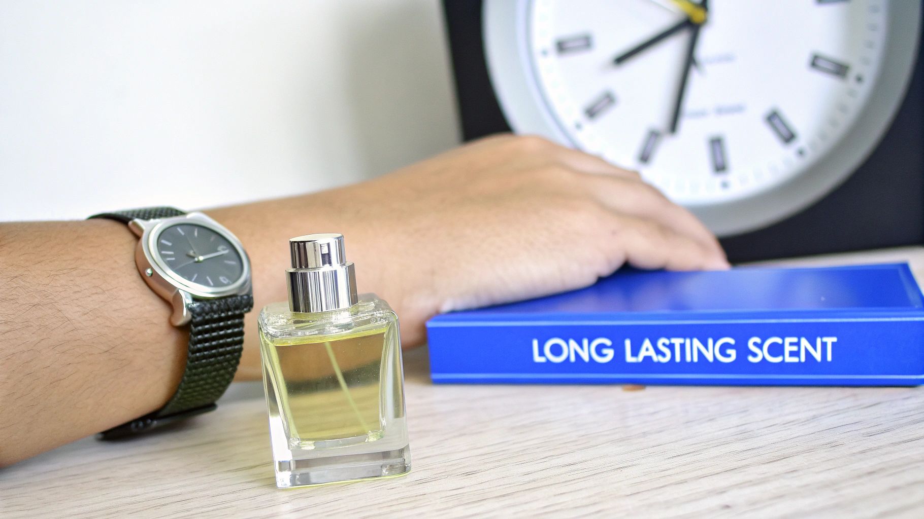 A person's arm wearing a watch, next to a perfume bottle and a 'LONG LASTING SCENT' box.