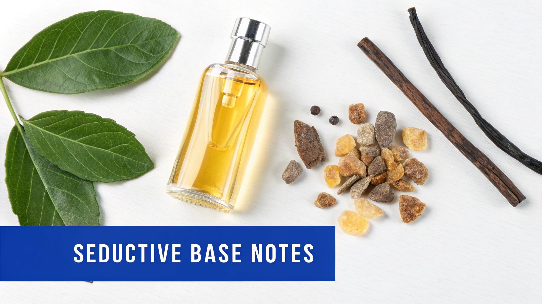 A perfume bottle, green leaves, resins, vanilla bean, and spices depicting seductive base notes.