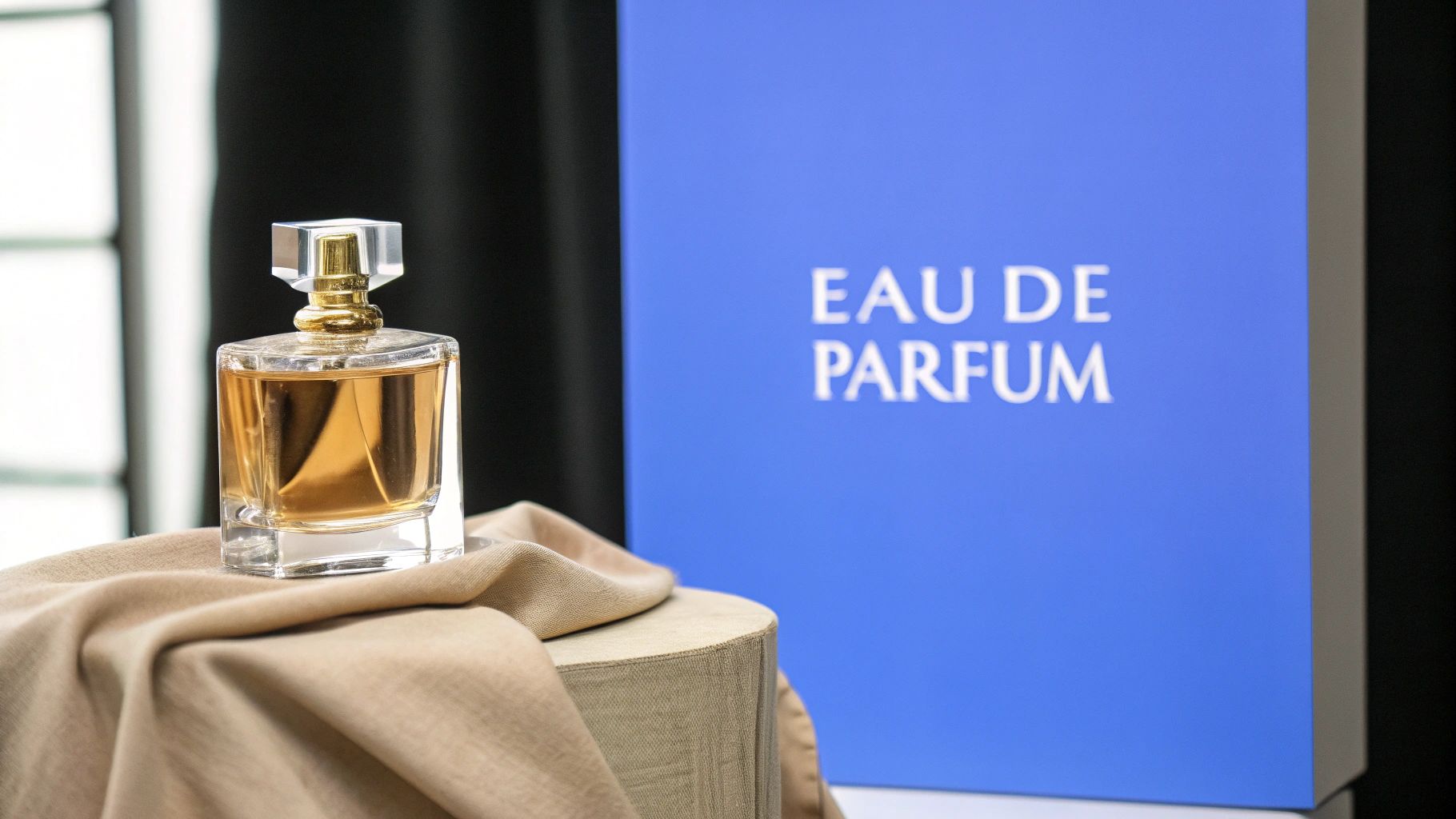 An elegant perfume bottle with gold accents rests on draped beige fabric, beside a blue box reading 'EAU DE PAR-FUM'.