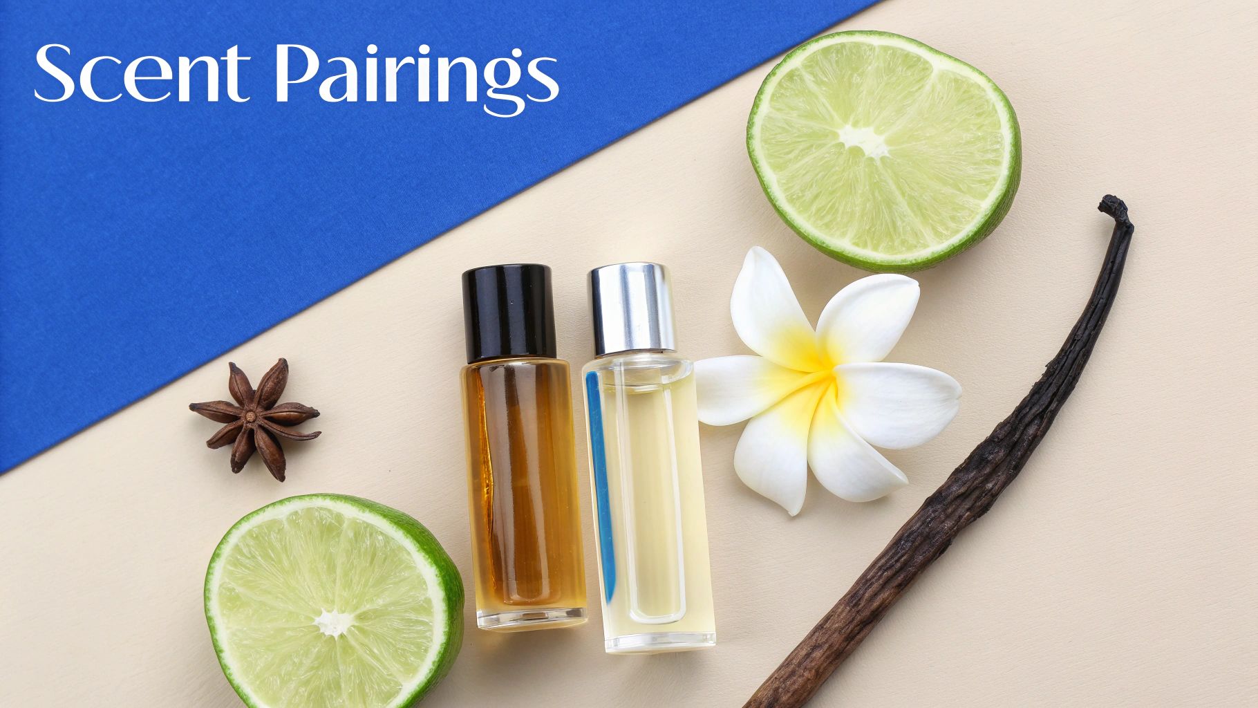 Two perfume bottles displayed with star anise, lime, plumeria flower, and a vanilla bean, illustrating scent pairings.