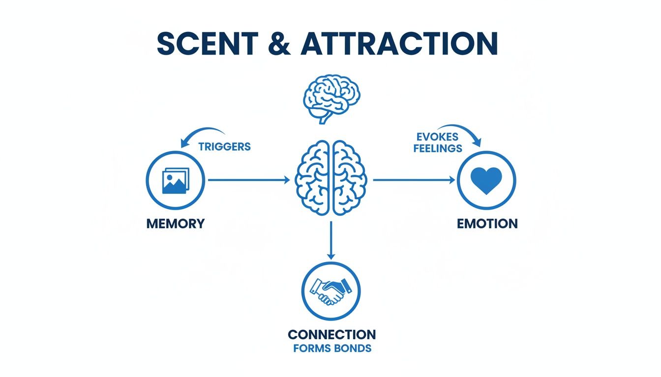 Diagram illustrating how scent triggers memory, evokes emotions, and forms connections in the brain.