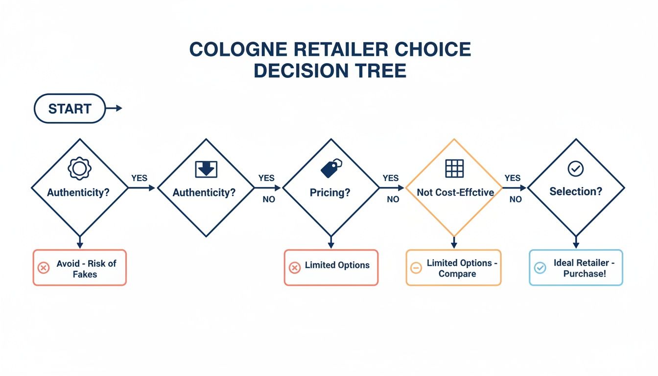 A flowchart illustrating the cologne retailer choice decision-making process based on key criteria.