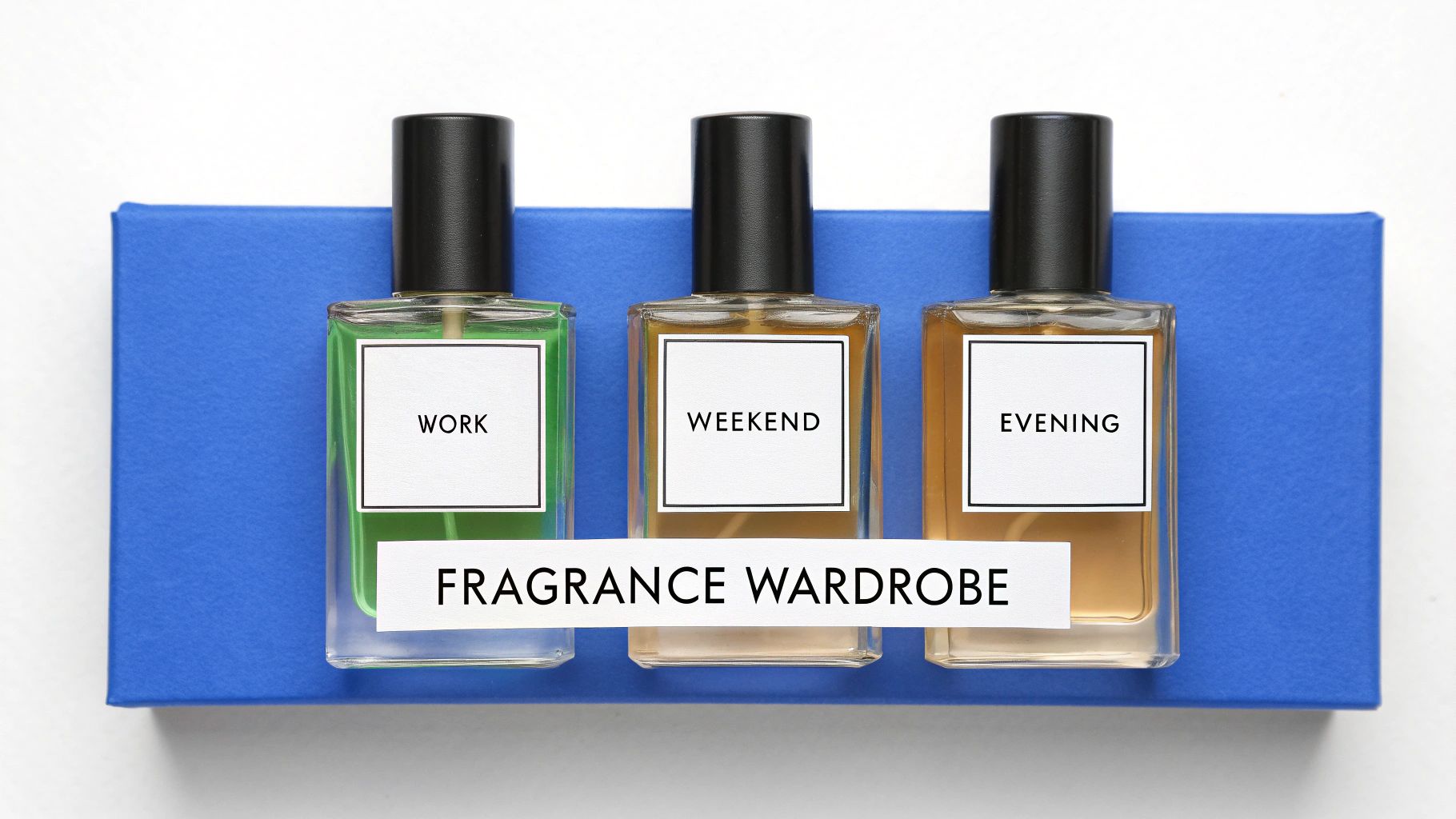 Three perfume bottles labeled 'Work', 'Weekend', and 'Evening' displayed as a 'Fragrance Wardrobe'.