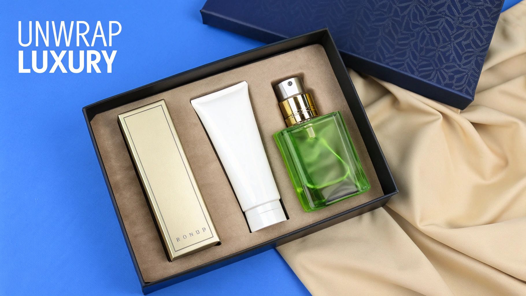 A luxury perfume gift set with a green bottle, white tube, and gold box on blue and beige.
