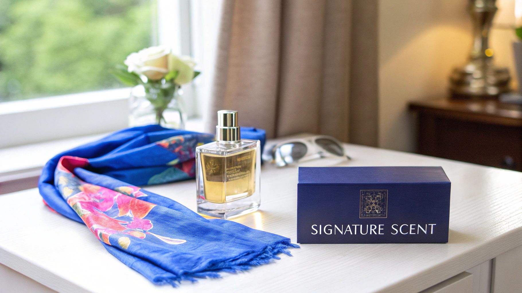 A perfume bottle, a blue floral scarf, and a 'Signature Scent' box on a white table.
