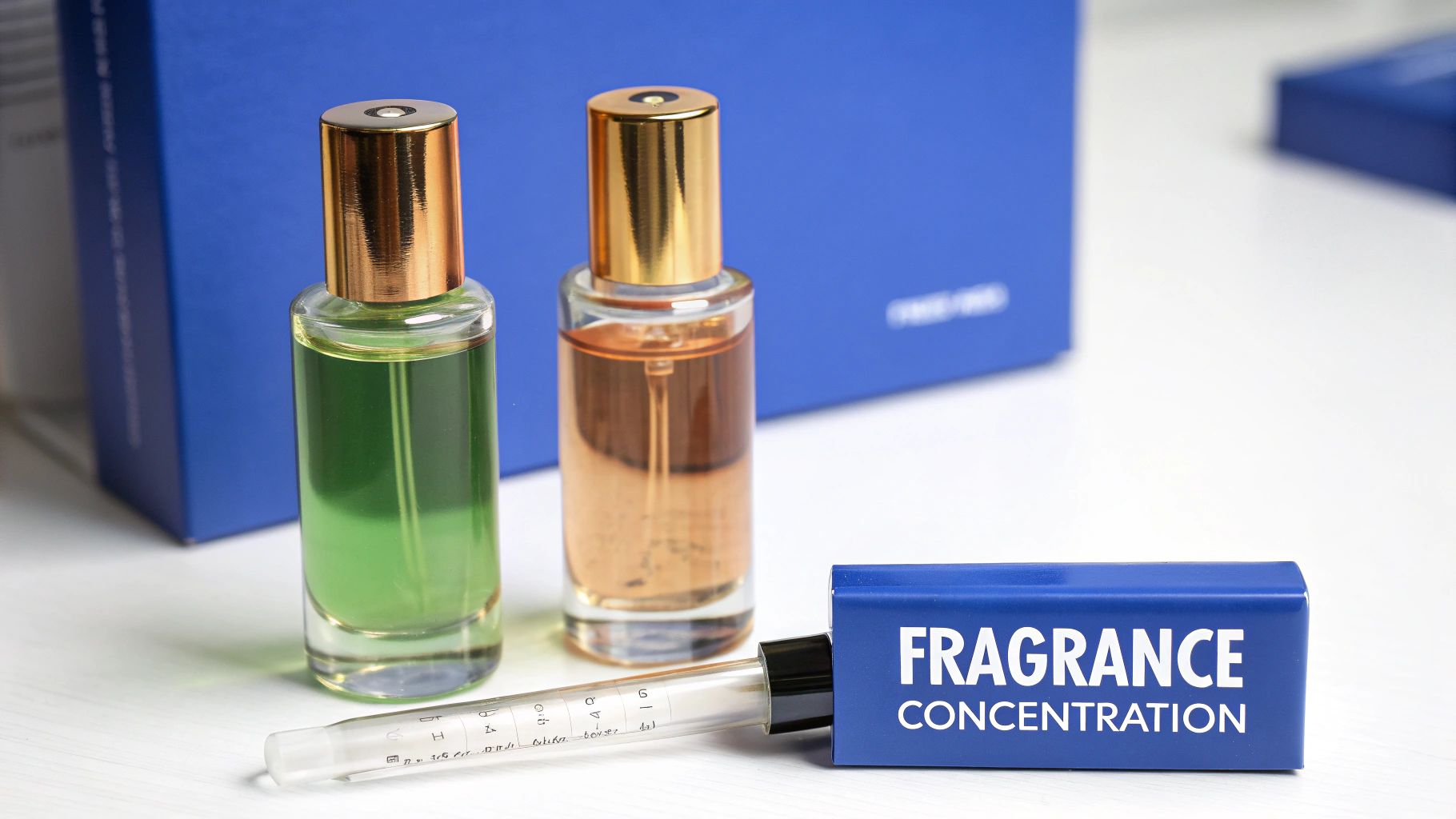 Two fragrance bottles, a dropper, and a 'FRAGRANCE CONCENTRATION' display on a white surface.