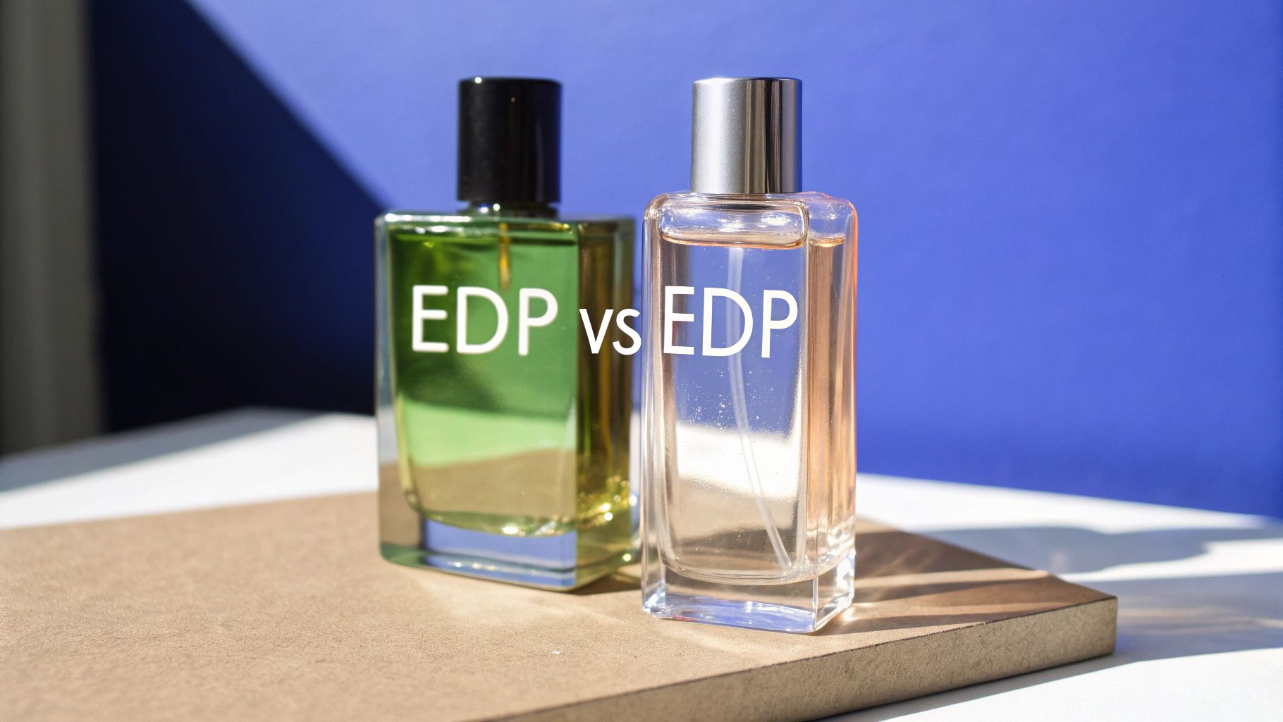 Side-by-side comparison of two EDP perfume bottles, one green and one light amber, on a brown surface.
