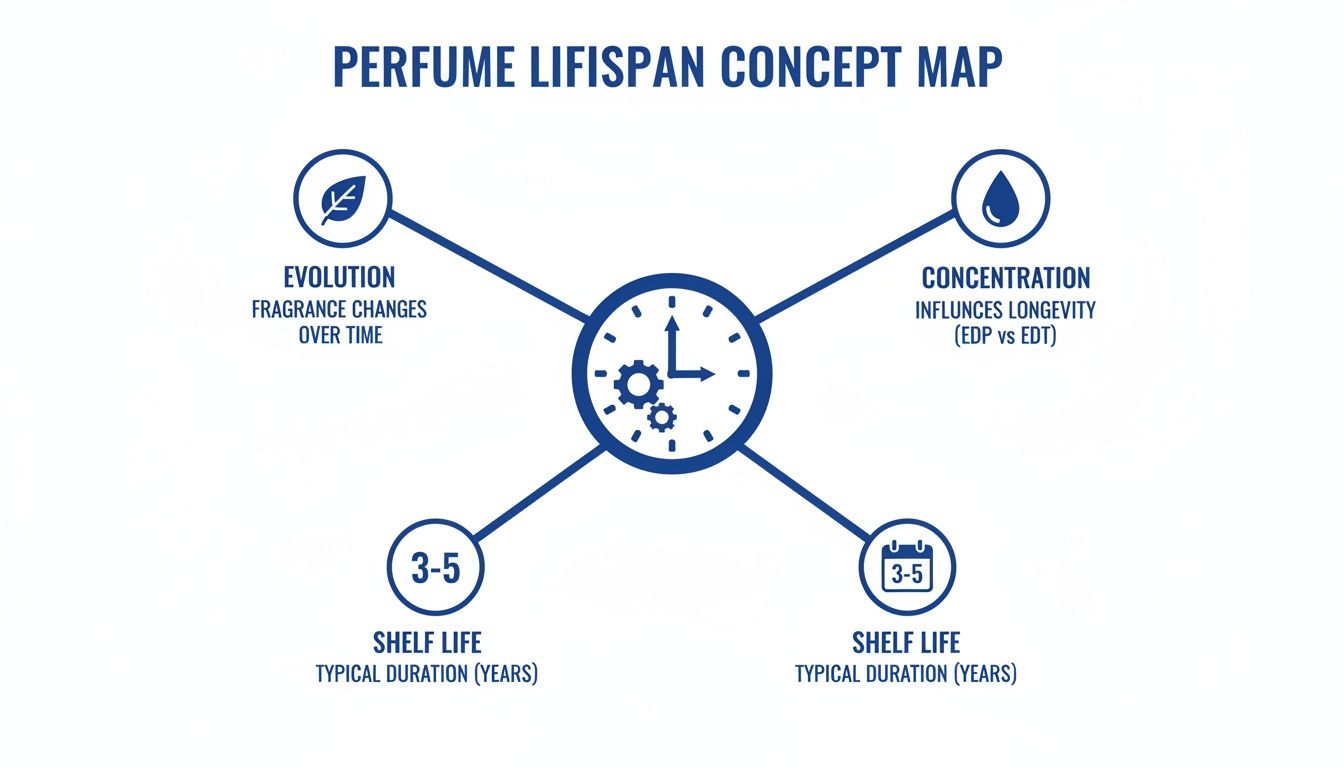 Perfume lifespan concept map detailing fragrance evolution, concentration impact, and 3-5 year shelf life.