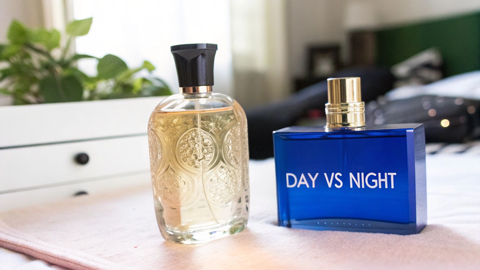 Two contrasting perfume bottles, one ornate clear and one blue with 'DAY VS NIGHT', on a light surface.
