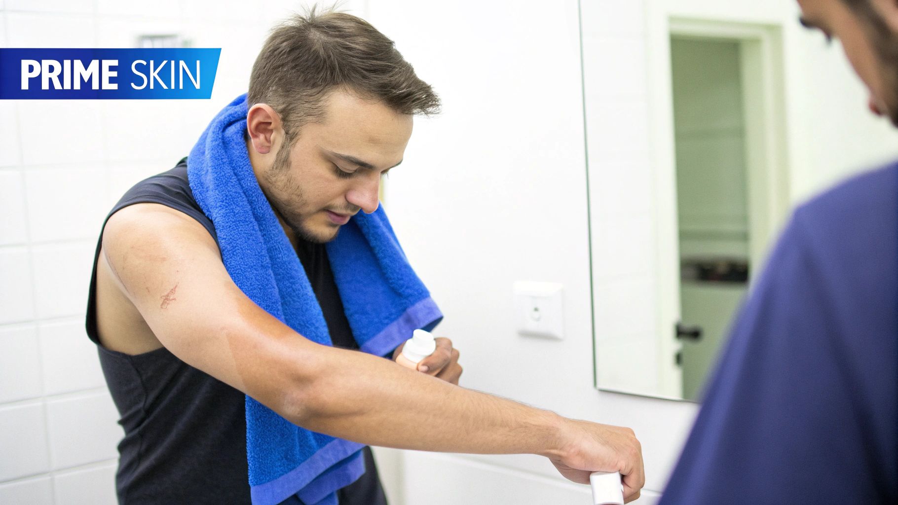 A man in a black tank top and blue towel applies skin product to his arm.