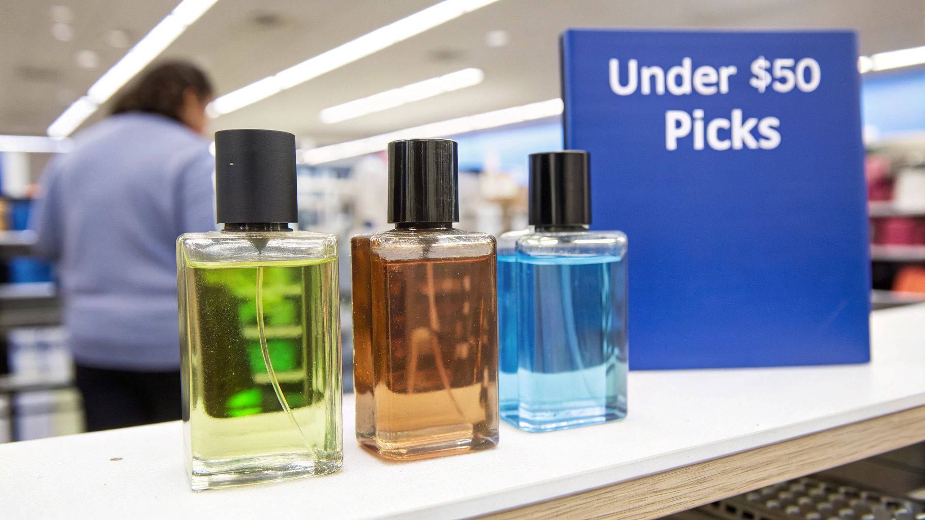 Three cologne bottles in green, amber, and blue on a counter with an 'Under $50 Picks' sign.