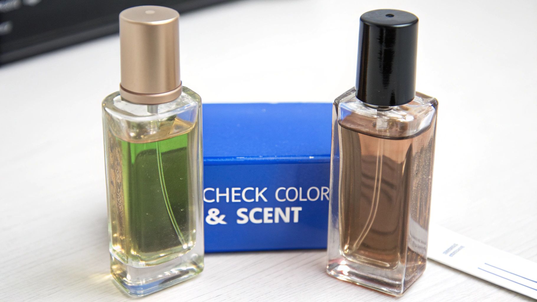 Two perfume bottles, one green and one amber, with a blue box saying 'CHECK COLOR & SCENT'.