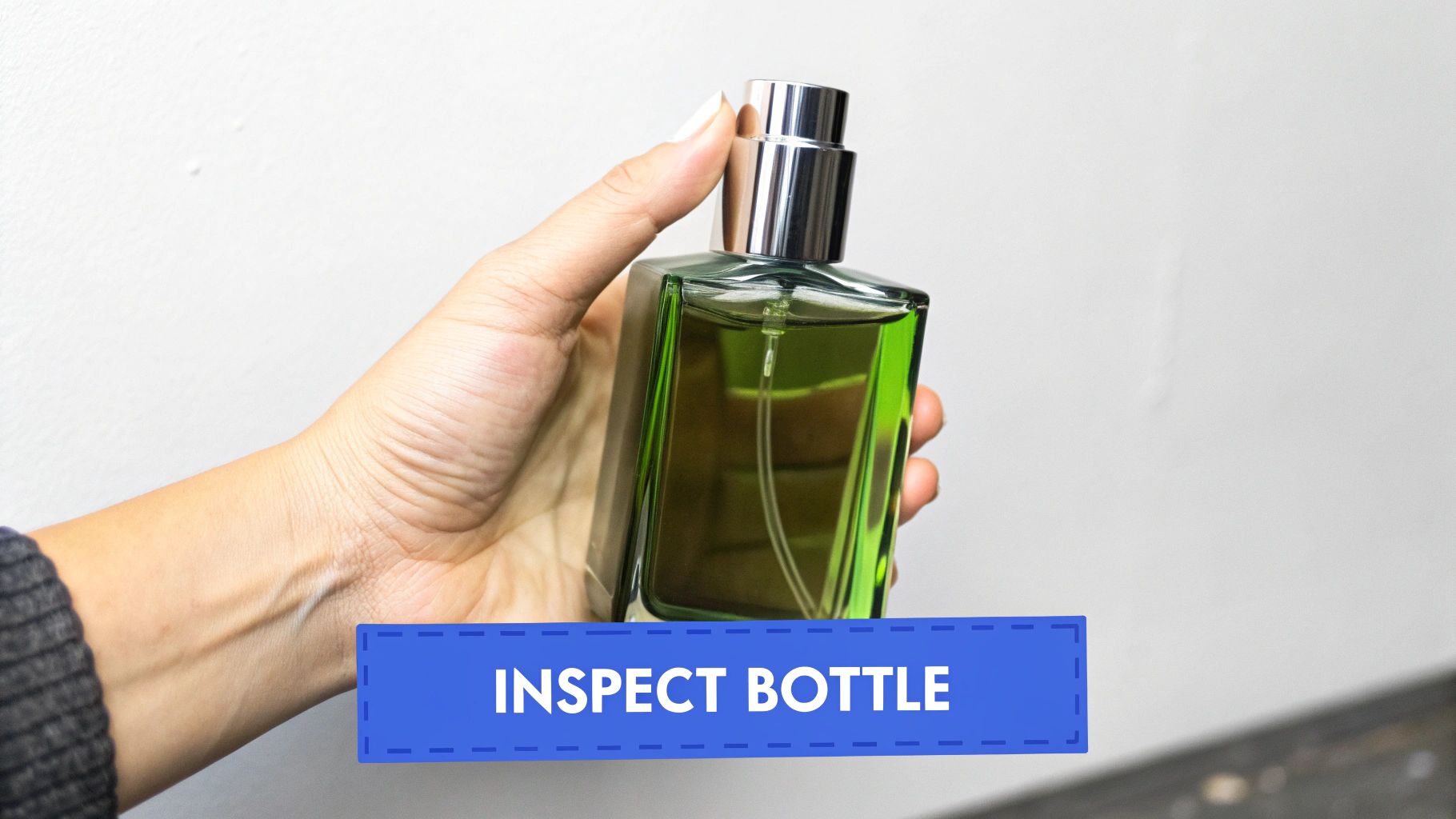 A person's hand holds a rectangular green perfume bottle with a silver sprayer.