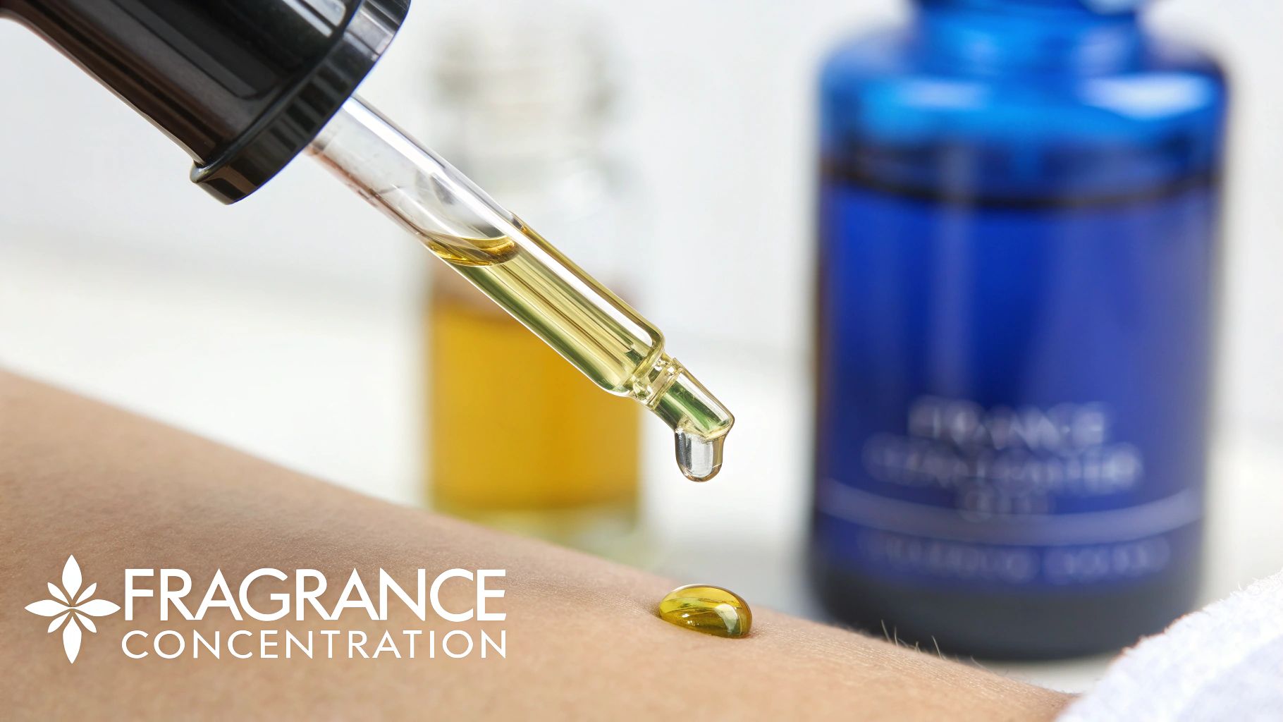 A close-up of a dropper dispensing a golden liquid onto a person's arm, with 'FRAGRANCE CONCENTRATION' text.