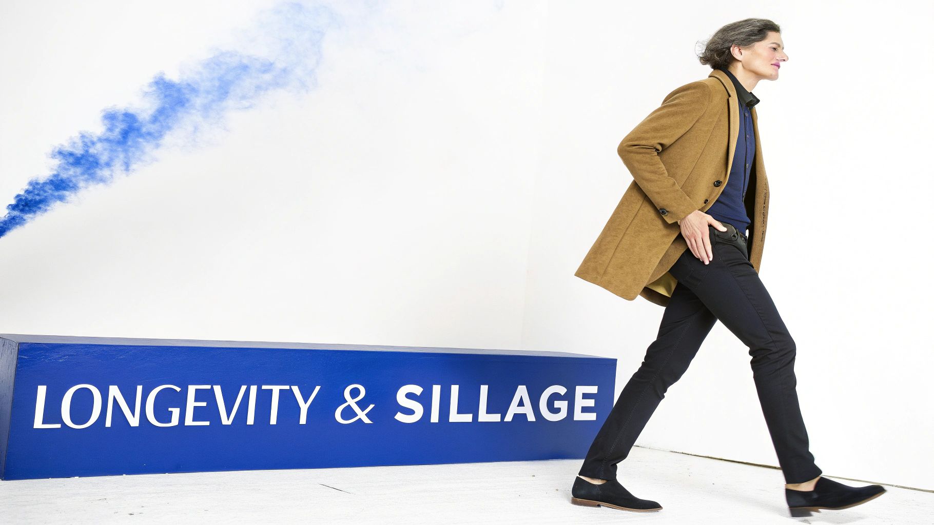 A stylish person in a brown coat walks past a blue sign reading 'LONGEVITY & SILLAGE' with blue smoke.