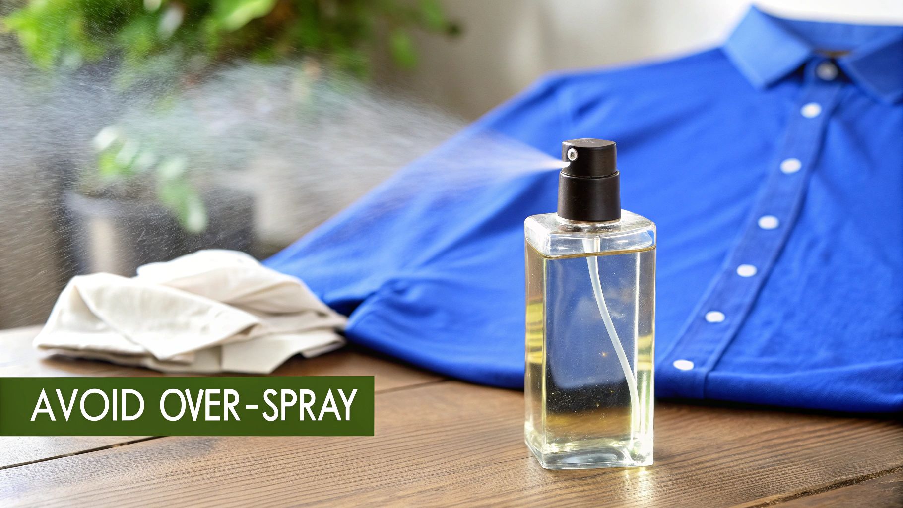 A clear bottle sprays mist near a blue shirt and cloths on a wooden table with text 'AVOID OVER-SPRAY'.