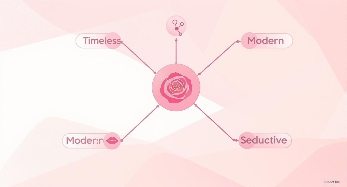 A pink rose at the center of a diagram with connected concepts: Timeless, Modern, Seductive.