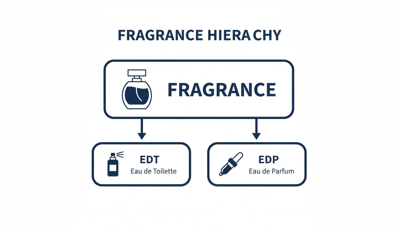 A diagram illustrating fragrance hierarchy, distinguishing between Eau de Toilette (EDT) and Eau de Parfum (EDP).