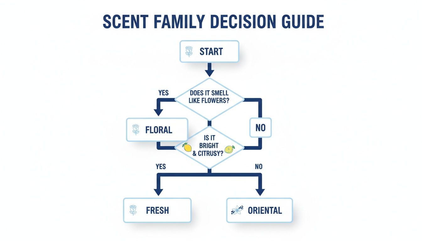A scent family decision guide flowchart classifying scents into Floral, Fresh, and Oriental based on aroma.
