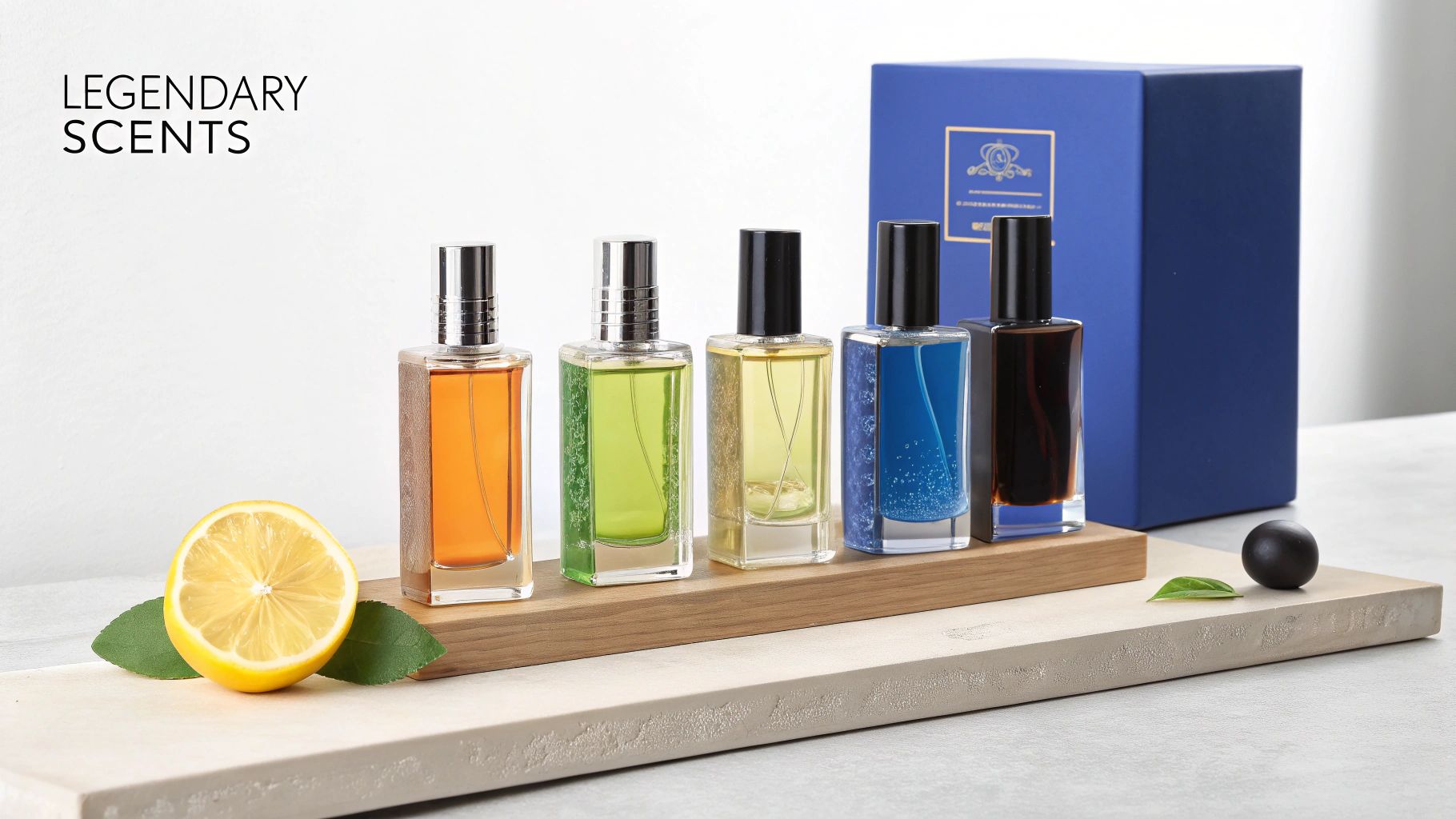 Legendary scents: five colorful perfume bottles, a cut lemon, and a blue gift box on a display.