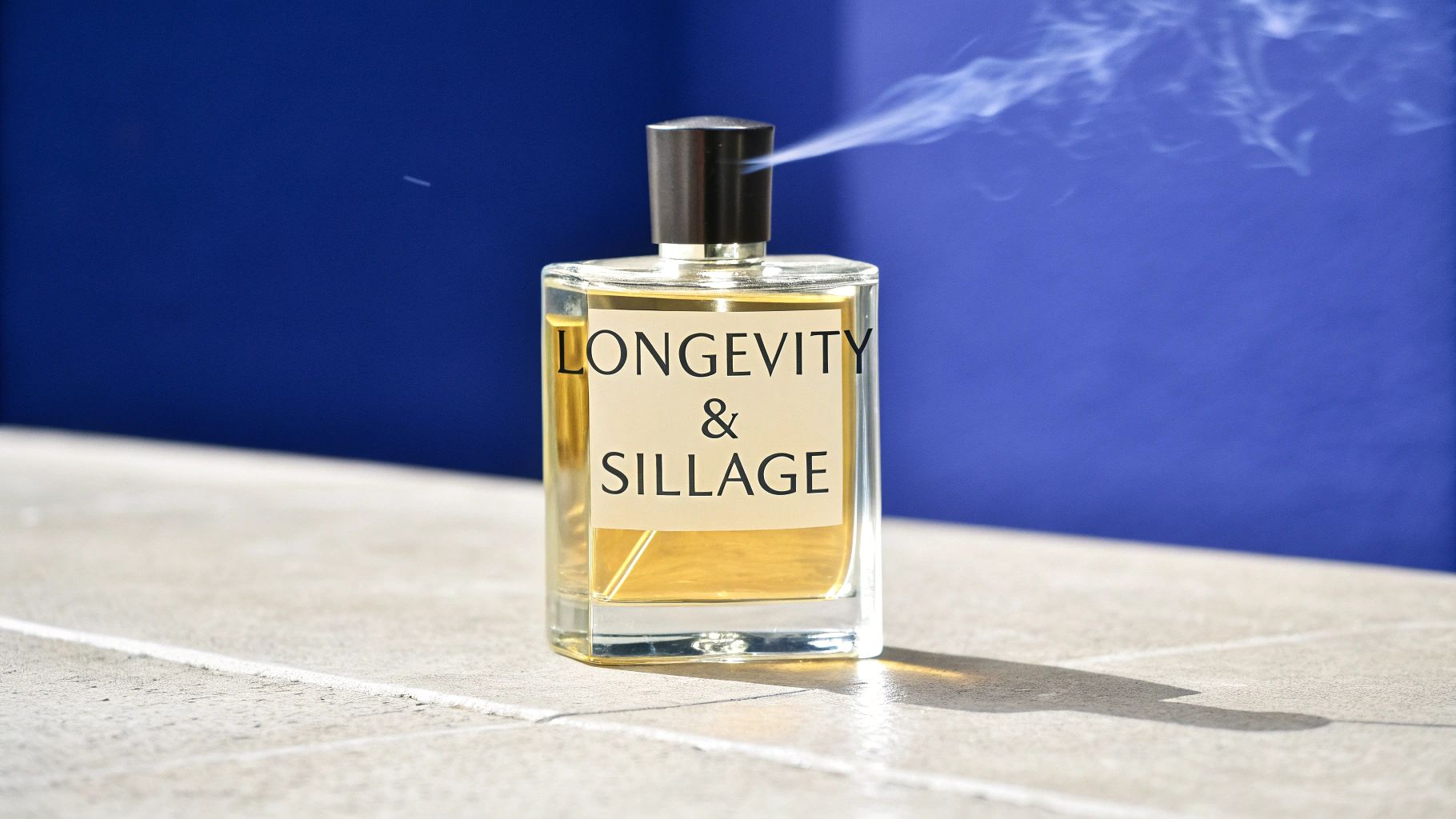A stylish perfume bottle with "LONGEVITY & SILLAGE" on the label, spraying mist.