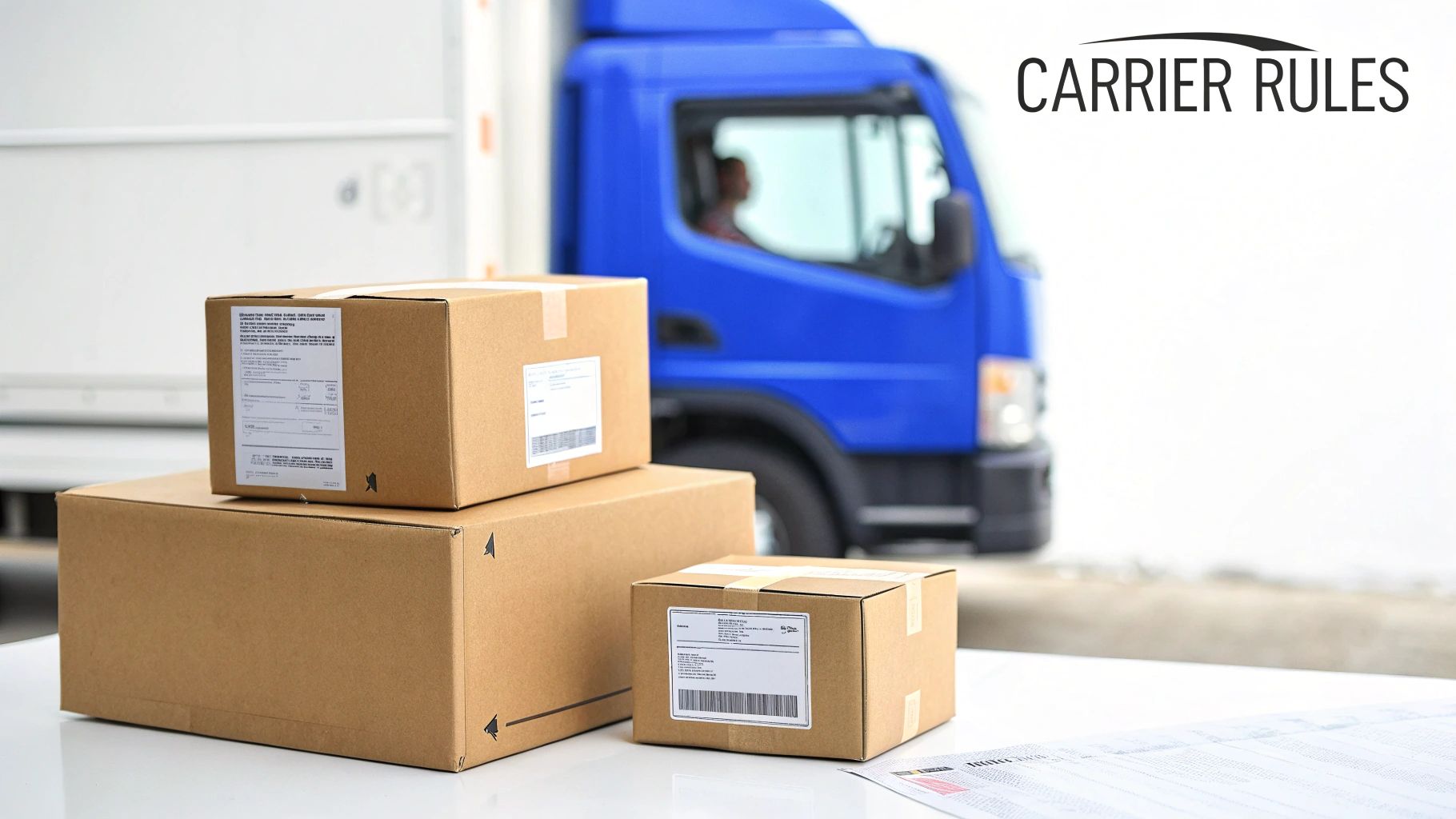 Cardboard shipping boxes on a table with a blue delivery truck in the background.