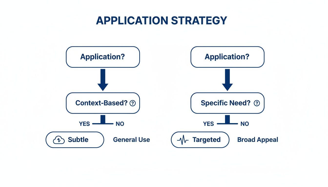 Application strategy flowchart showing decision paths for context-based and specific need applications.