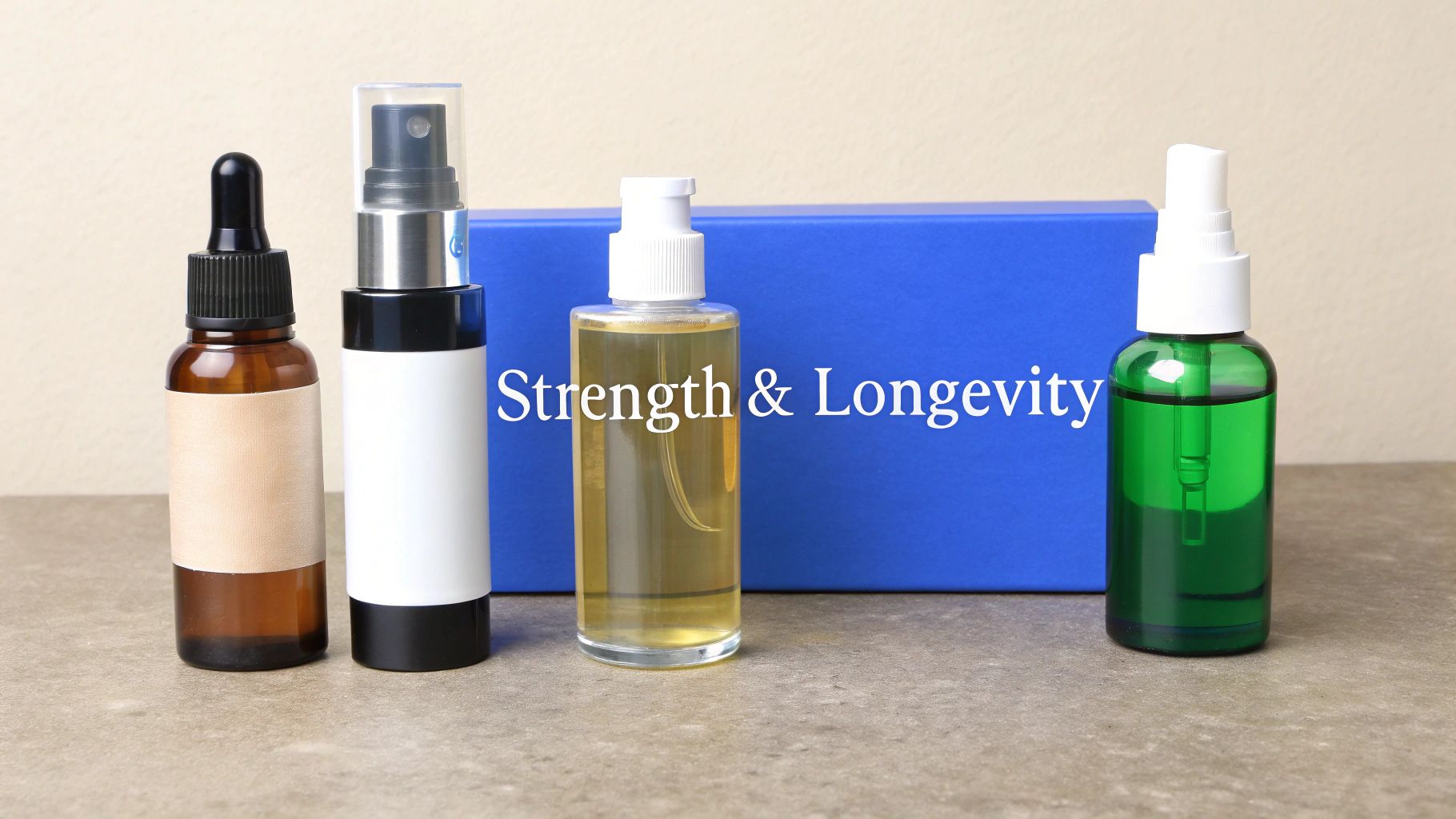 Assorted skincare bottles (dropper, spray) and a blue box promoting strength and longevity.