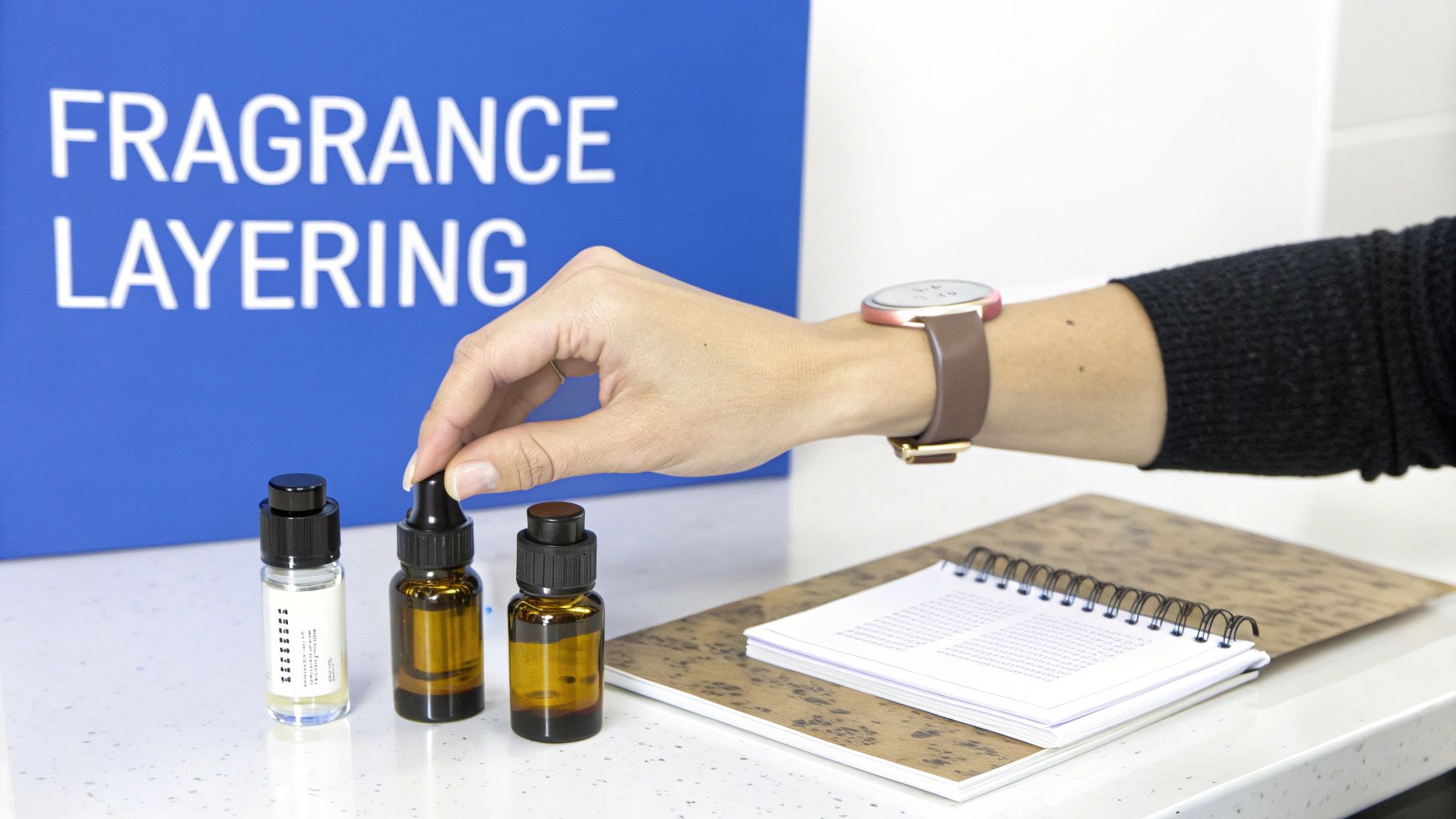 Hand reaching for fragrance bottles demonstrating perfume layering technique with notebook on white desk