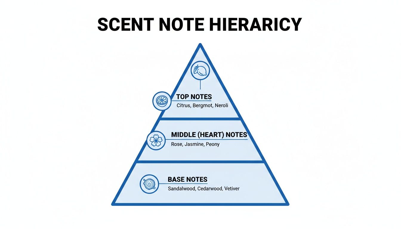 A scent note hierarchy pyramid illustrating top, middle, and base fragrance notes with examples.