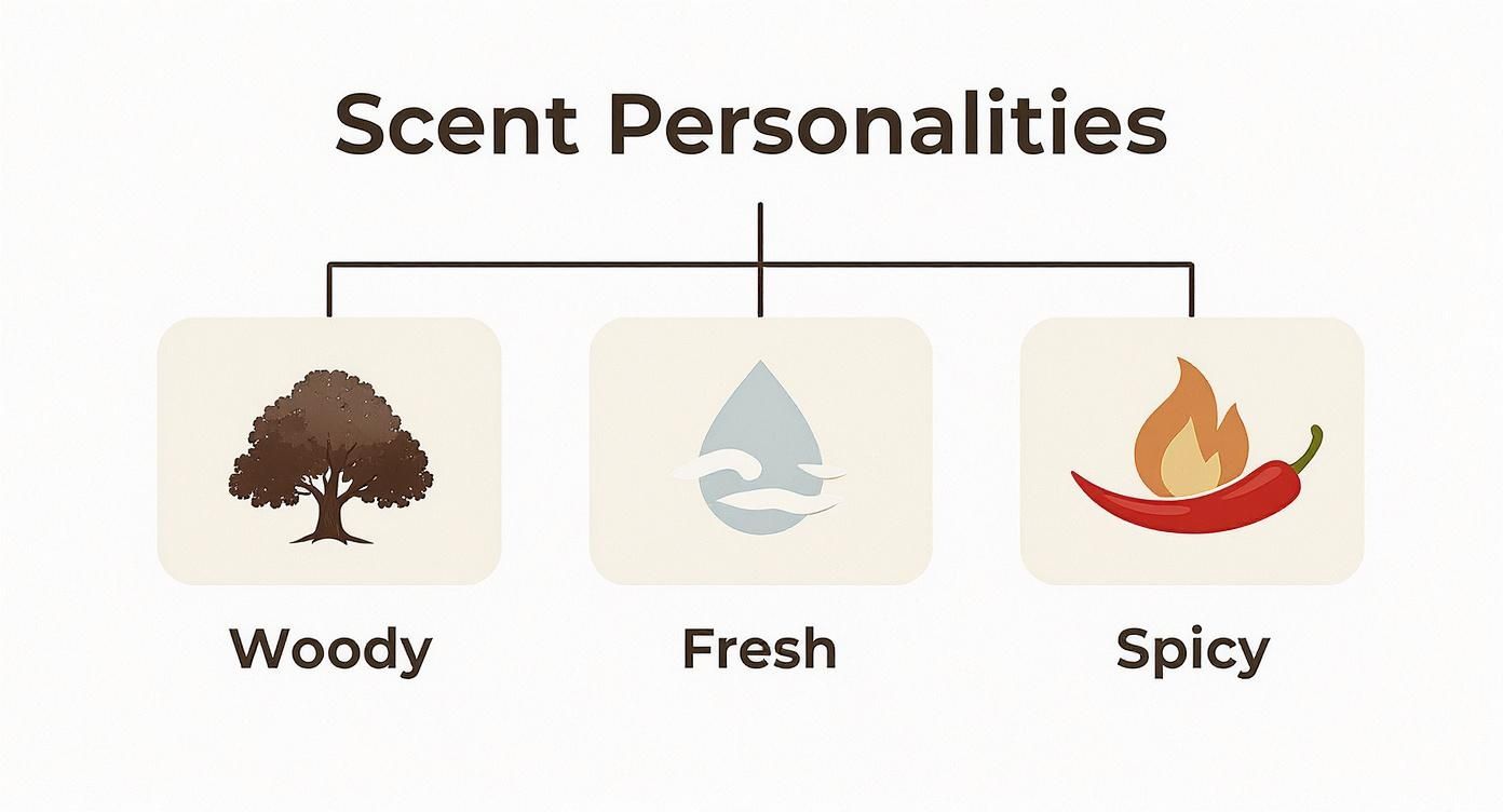 An infographic displaying three scent personalities: Woody, Fresh, and Spicy, with illustrative icons.