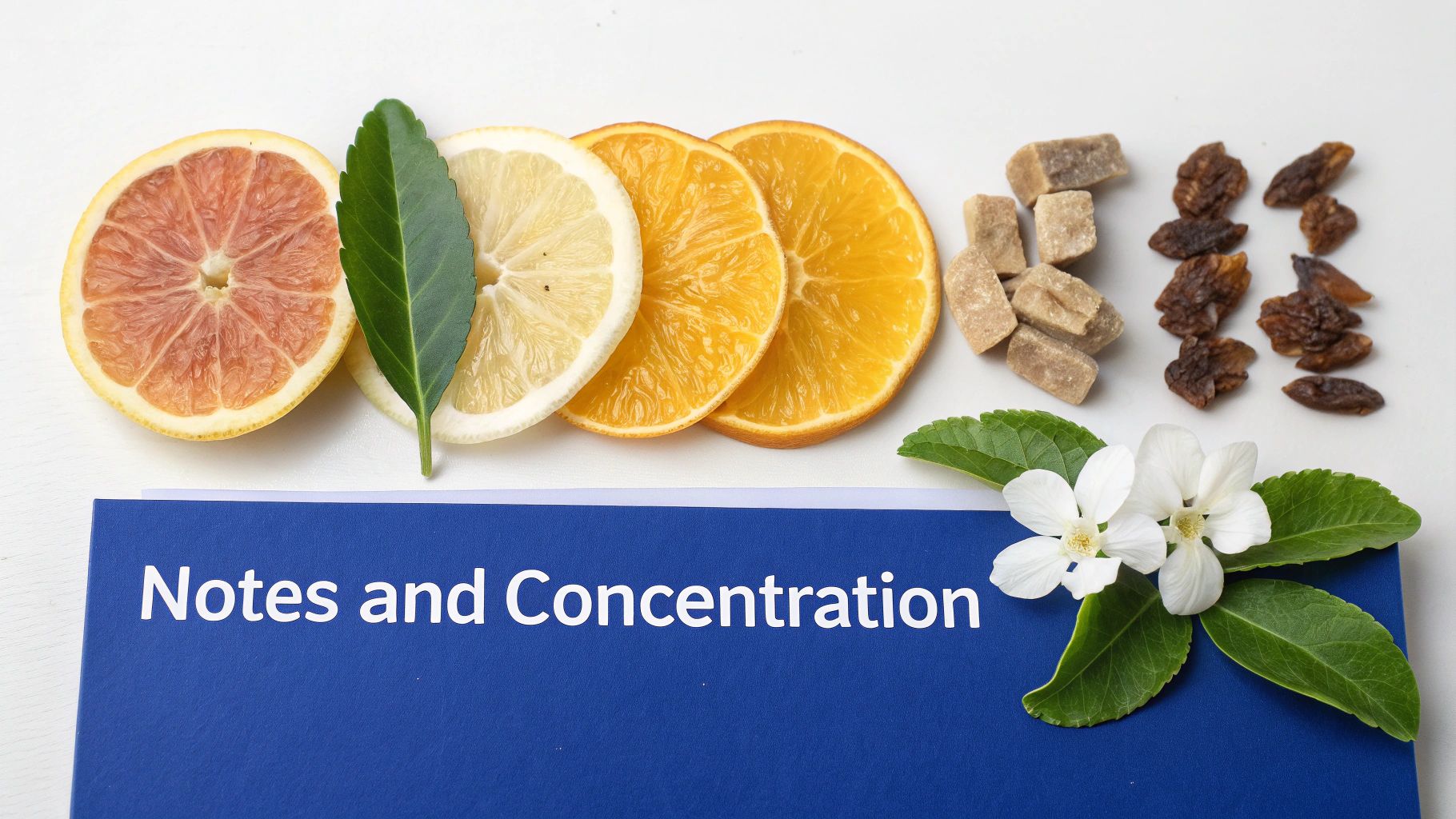 Citrus slices (grapefruit, lemon, orange), sugar cubes, dried fruit, leaves, and white flowers with a 'Notes and Concentration' sign.