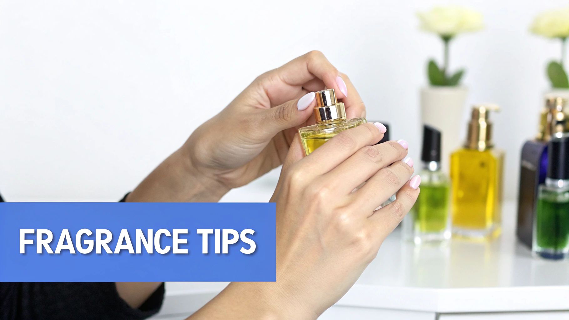 Person's hands holding a perfume bottle, with other fragrances on a white background.