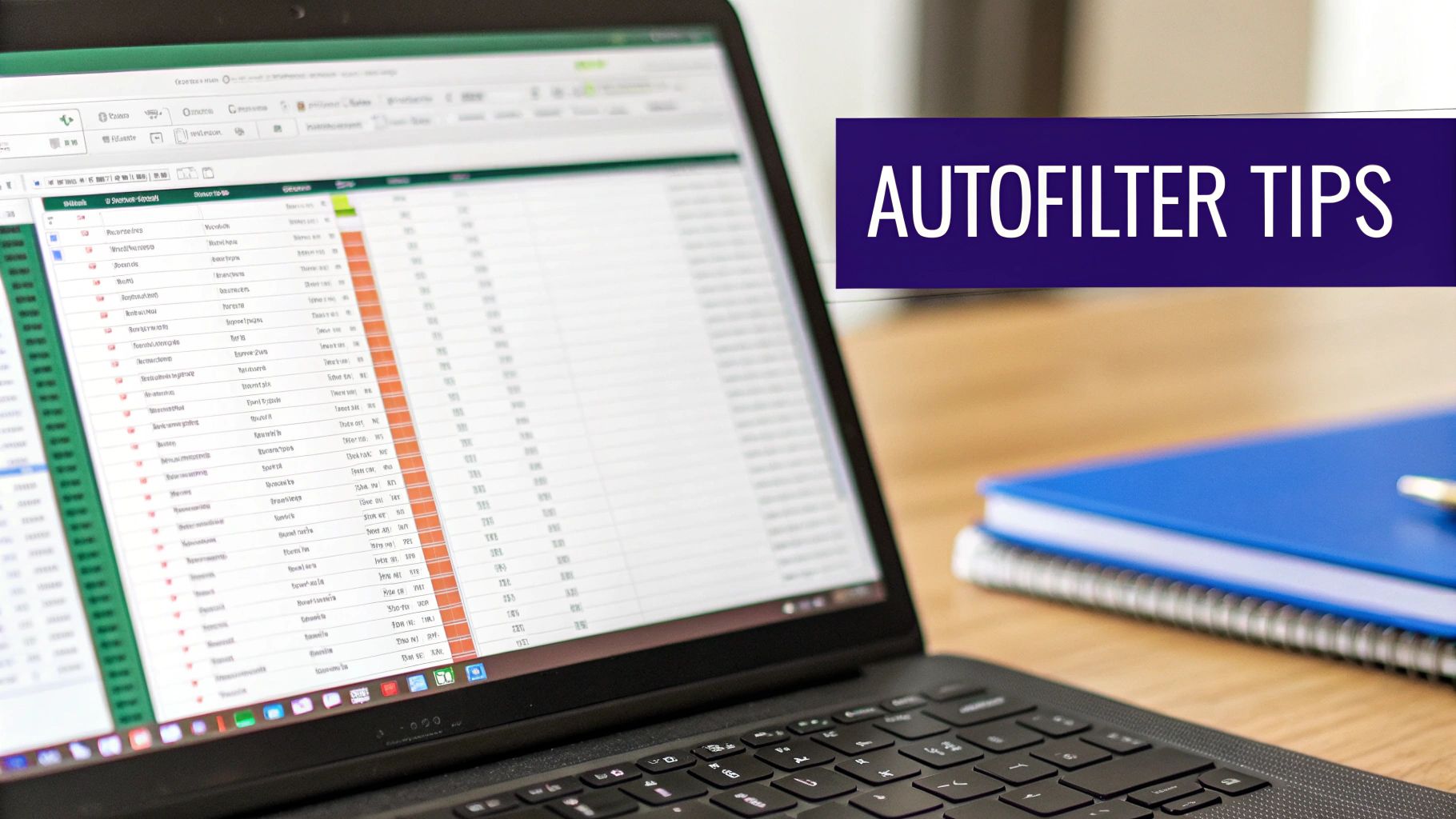 Laptop screen showing an Excel spreadsheet with data and an 'AUTOFILTER TIPS' banner on a desk.