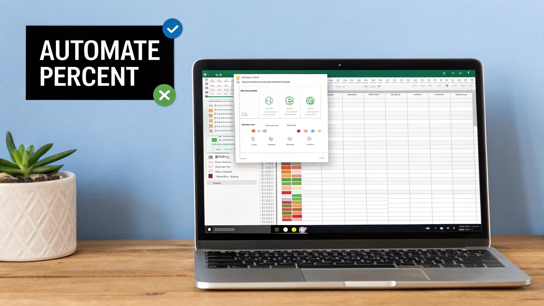 Laptop displaying a spreadsheet with a popup, text 'AUTOMATE PERCENT', and a plant on a desk.