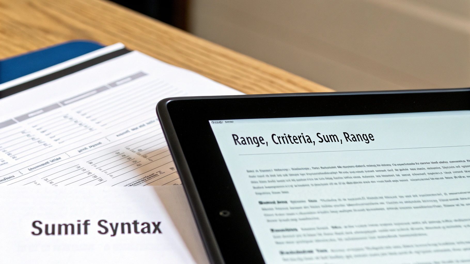 An illustration breaking down the SUMIF formula into its three components range, criteria, and sum_range, with icons representing each part.