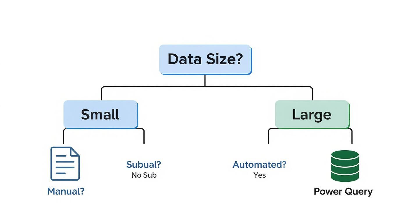 Decision tree flowchart showing data analysis tools based on dataset size and automation needs